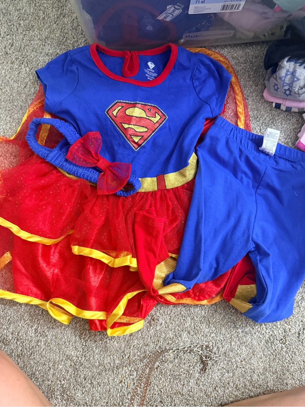 Girls Blue and Red Superhero Dress Costume with Cape and Headband